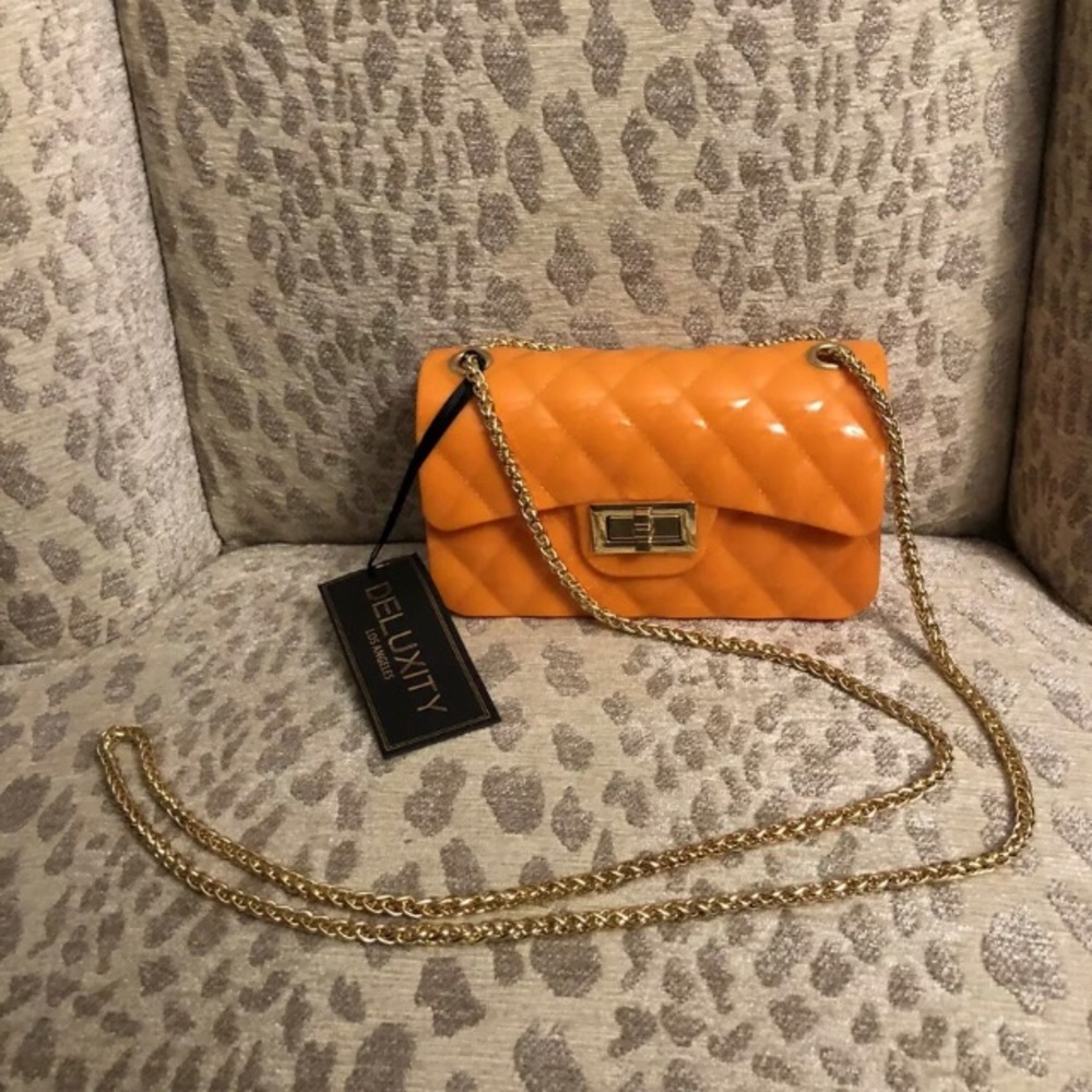 Deluxity Orange Jelly Handbad w/Gold Chain Straps